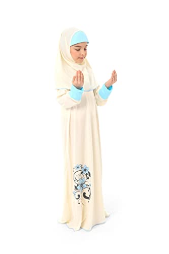 Elanesa Mädchen Gebetskleidung Kinder Islamische Kleidung Kleid Mädchen zweiteilige Kleider Maxi Gebetskleid mit Ärmelbündchen, hijab und Rosenkranz Geschenk Blumen gedruckt (100,12-13, Gelb) von Elanesa