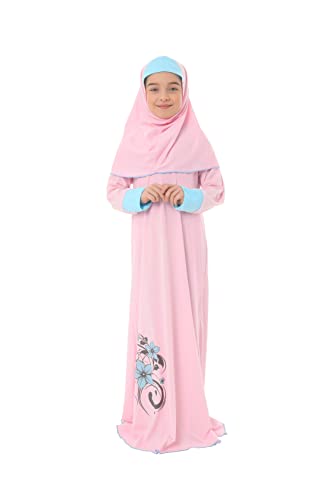 Elanesa Mädchen Gebetskleidung Kinder Islamische Kleidung Kleid Mädchen zweiteilige Kleider Maxi Gebetskleid mit Ärmelbündchen, hijab und Rosenkranz Geschenk Blumen gedruckt (100,6-7, Rosa) von Elanesa