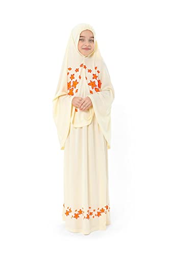 Elanesa Mädchen Gebetskleidung Kinder Islamische Kleidung Kleid Mädchen Zweiteilige Kleider Maxi Skirt, Langer Hijab und Rosenkranz Geschenk Blumen gedruckt (987,12-13, Gelb) von Elanesa