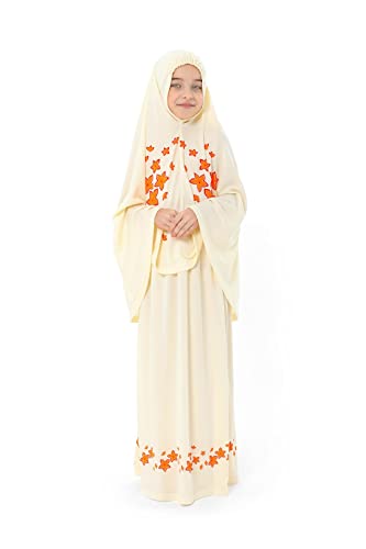 Elanesa Mädchen Gebetskleidung Kinder Islamische Kleidung Kleid Mädchen Zweiteilige Kleider Maxi Skirt, Langer Hijab und Rosenkranz Geschenk Blumen gedruckt (4-5, Gelb) von Elanesa
