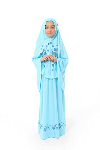 Elanesa Mädchen Gebetskleidung Kinder Islamische Kleidung Kleid Mädchen Zweiteilige Kleider Maxi Skirt, Langer Hijab und Rosenkranz Geschenk Blumen gedruckt (4-5, Türkis) von Elanesa