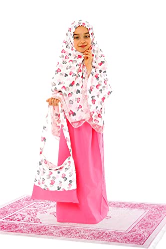 Elanesa Mädchen Gebetskleidung Kinder Islamische Kleidung Kleid Mädchen zweiteilige Kleider Maxi skirt, langer Hijab und Rosenkranz Geschenk Herzen gedruckt (883,10-11, Weiß) von Elanesa