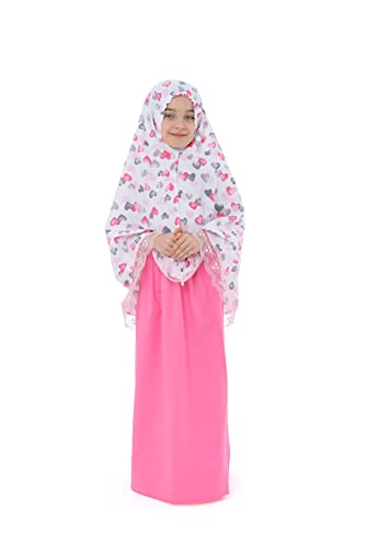 Elanesa Mädchen Gebetskleidung Kinder Islamische Kleidung Kleid Mädchen Zweiteilige Kleider Maxi Skirt, Langer Hijab und Rosenkranz Geschenk Herzen gedruckt (977,10-11, Weiß) von Elanesa