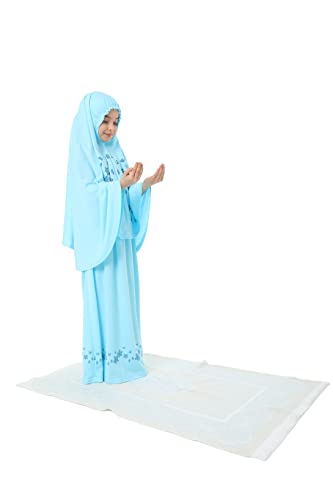 Elanesa Mädchen Gebetskleidung Kinder Islamische Kleidung Kleid Mädchen Zweiteilige Kleider Maxi Skirt, Langer Hijab und Rosenkranz Geschenk Stern gedruckt (925,6-7, Türkis) von Elanesa