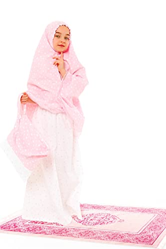 Elanesa Mädchen Gebetskleidung Kinder Islamische Kleidung Kleid Mädchen Zweiteilige Kleider Maxi Skirt, Langer Hijab und Rosenkranz Geschenk Sterne gedruckt (885,12-13, Rosa) von Elanesa