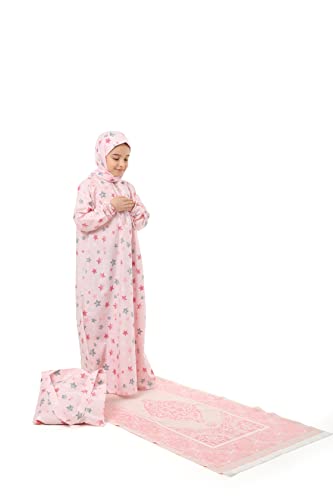 Elanesa Mädchen Gebetskleidung Kinder Islamische Kleidung Kleid mädchen Zweiteilige Kleider Maxi-Gebetskleid mit Reißverschluss, Hijab und Rosenkranzgeschenk Stern gedruckt (877,10-11, Rosa) von Elanesa