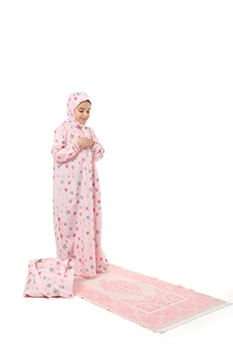 Elanesa Mädchen Gebetskleidung Kinder Islamische Kleidung Kleid mädchen Zweiteilige Kleider Maxi-Gebetskleid mit Reißverschluss, Hijab und Rosenkranzgeschenk Stern gedruckt (877,8-9, Rosa) von Elanesa