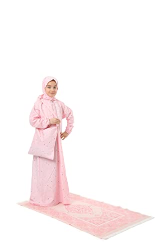 Elanesa Mädchen Gebetskleidung Kinder Islamische Kleidung Kleid mädchen Zweiteilige Kleider Maxi-Gebetskleid mit Reißverschluss, Hijab und Rosenkranzgeschenk Stern gedruckt (919,6-7, Rosa) von Elanesa