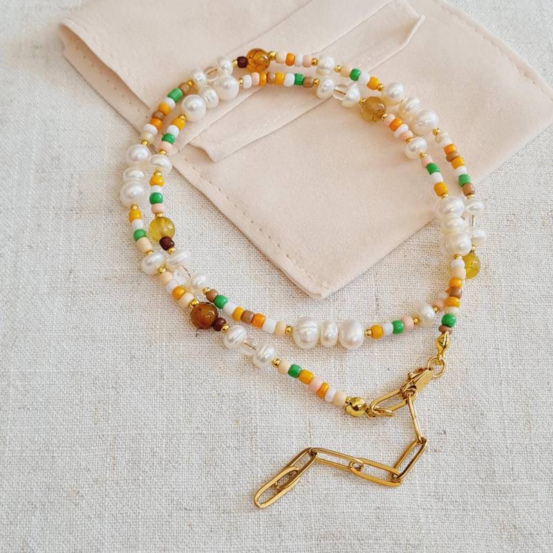 Multicolor Naturalstone Beaded Necklace, Boho Pearl & Agate Jewelry, Handmade Gift For Her von ElanovaJewelry