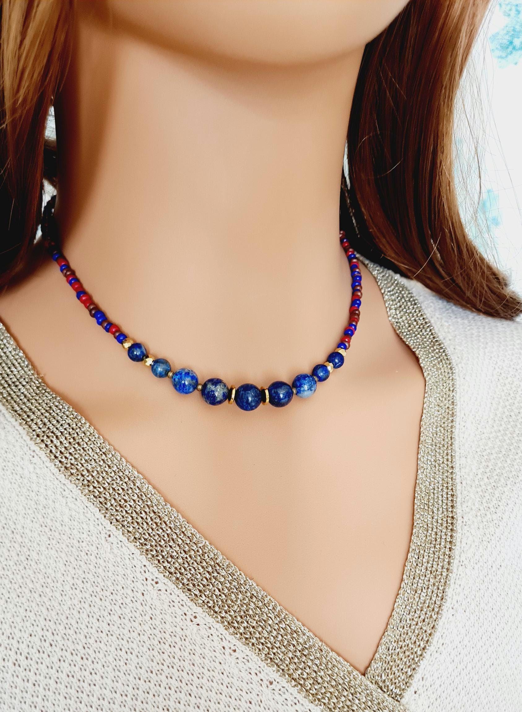 Summer Necklace, Lapis Lazuli Necklace, Boho Minimal Necklace, Gift For Her, Lapis Lazuli, Beaded Necklace, Beaded Gemstone Jewelry von ElanovaJewelry