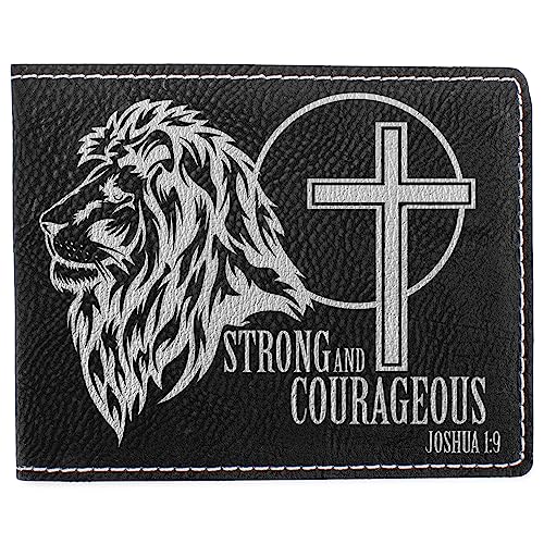 Elanze Designs Strong Courageous Cross Geldbörse aus Kunstleder, 11,4 x 8,9 cm, Schwarz / silberfarben, 4.5 x 3.5, Starkes mutiges Kreuz, schwarz, silberfarben, Löwe von Elanze Designs