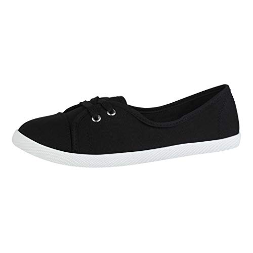 Elara Damen Ballerinas Schnürer Flach Chunkyrayan ABD1413 Black-White-39 von Elara