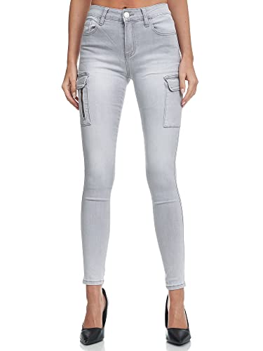 Elara Damen Cargo Jeans Slim Fit Seiten Taschen Chunkyrayan JEL001 Grey Denim-46 (3XL) von Elara