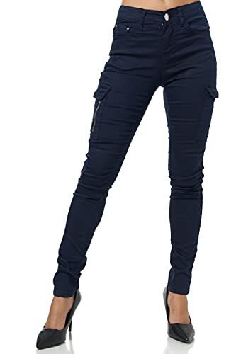 Elara Damen Cargo Jeans Slim Fit Seiten Taschen Chunkyrayan JEL001 Navy-42 (XL) von Elara