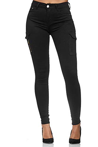 Elara Damen Cargo Jeans Slim Fit Seiten Taschen Chunkyrayan MA2018 Black-34 (XS) von Elara