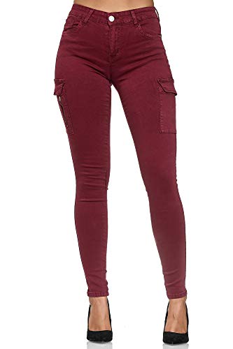 Elara Damen Cargo Jeans Slim Fit Seiten Taschen Chunkyrayan YA605 Wine-46 (3XL) von Elara