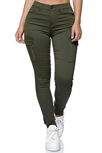 Elara Damen Cargo Jeans Slim Fit Seiten Taschen Chunkyrayan YH2527 Olive-36 (S) von Elara