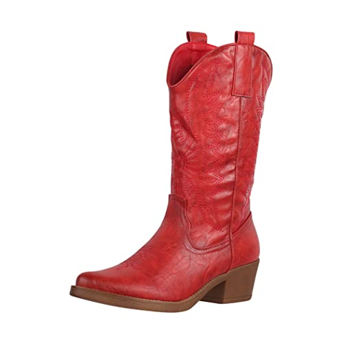 Elara Damen Cowboy Stiefel Biker Boots Chunkyrayan 301-A32P Rot-38 von Elara