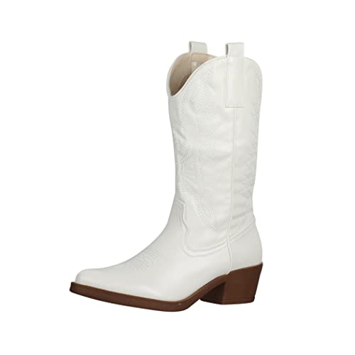 Elara Damen Cowboy Stiefel Biker Boots Chunkyrayan 301-A32P Weiss-36 von Elara