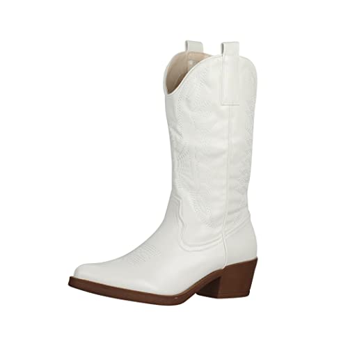 Elara Damen Cowboy Stiefel Biker Boots Chunkyrayan 301-A32P Weiss-38 von Elara