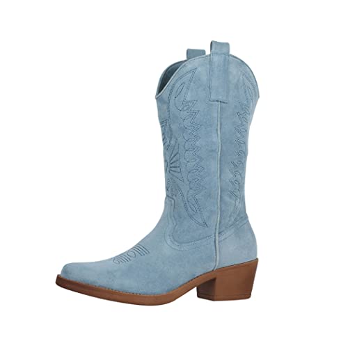 Elara Damen Cowboy Stiefel Biker Boots Chunkyrayan 301-A32S Blau Suede-36 von Elara