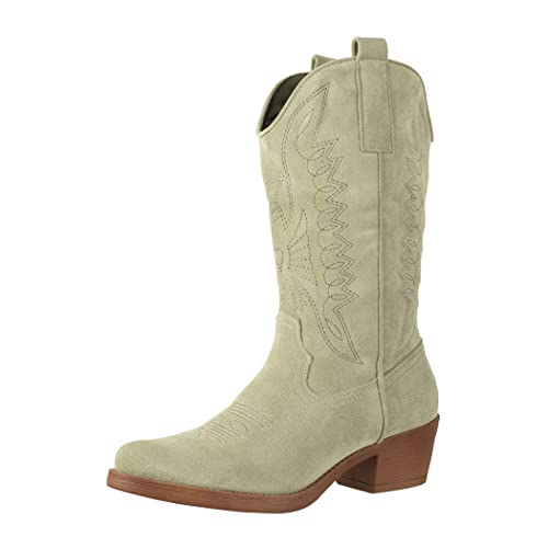 Elara Damen Cowboy Stiefel Biker Boots Chunkyrayan 301-A32SZ Olive Suede-38 von Elara