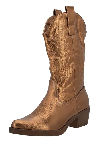 Elara Damen Cowboy Stiefel Biker Boots Chunkyrayan DEN928P Rosegold PU 38 von Elara
