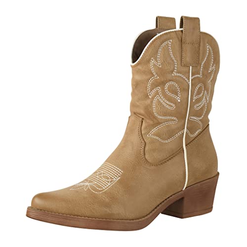 Elara Damen Cowboy Stiefeletten Chunkyrayan DES952P Khaki PU 37 von Elara