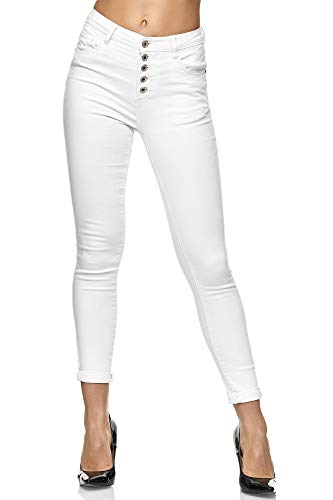 Elara Damen High Waist Slim Denim Jeans Knöpfe Chunkyrayan EL15-1 Weiss-42 (XL) von Elara