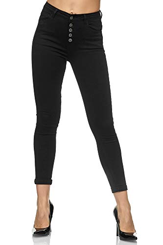 Elara Damen High Waist Slim Denim Jeans Knöpfe Chunkyrayan EL15 Schwarz-34 (XS) von Elara