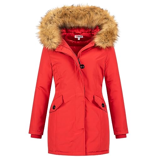 Elara Damen Jacke Winterparka Mantel Kunstfell Chunkyrayan EF-19037 Red 40 (L) von Elara