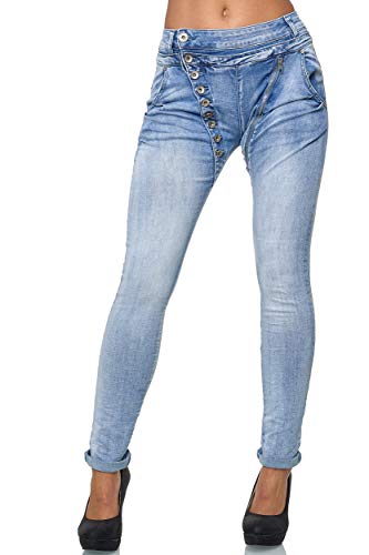 Elara Damen Jeans Boyfriend Baggy Knopfleiste Chunkyrayan C613M Hellblau 34 (XS) von Elara