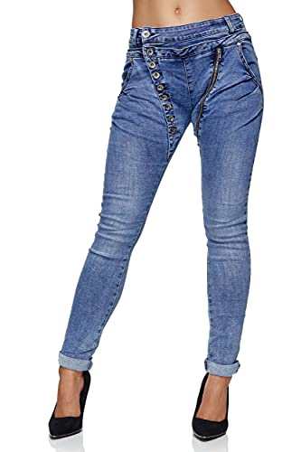 Elara Damen Jeans Boyfriend Baggy Knopfleiste Chunkyrayan C613MK Blau 42 (XL) von Elara