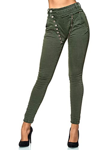 Elara Damen Jeans Boyfriend Baggy Knopfleiste Chunkyrayan EL05-22 Khaki-48/4XL von Elara