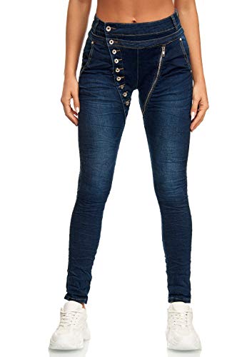 Elara Damen Jeans Boyfriend Baggy Knopfleiste Chunkyrayan EL05D1 Dunkelblau 34 (XS) von Elara