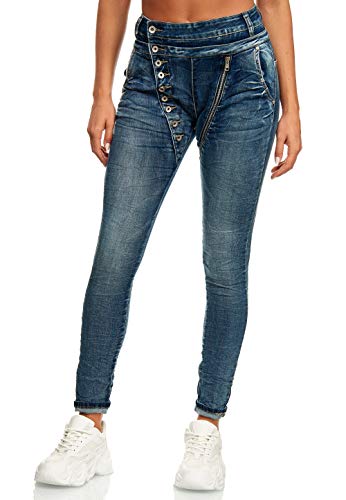 Elara Damen Jeans Boyfriend Baggy Knopfleiste Chunkyrayan EL05D2 Blau 34 (XS) von Elara