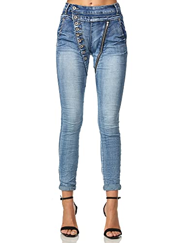 Elara Damen Jeans Boyfriend Baggy Knopfleiste Chunkyrayan EL05D4 Hellblau 46 (3XL) von Elara