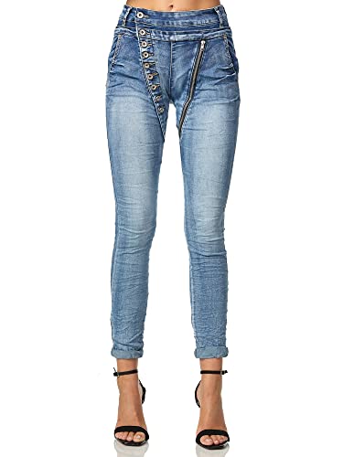 Elara Damen Jeans Boyfriend Baggy Knopfleiste Chunkyrayan EL05D4 Hellblau 56 (8XL) von Elara