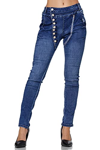 Elara Damen Jeans Boyfriend Baggy Knopfleiste Chunkyrayan JS1003 Dunkelblau 40 (L) von Elara