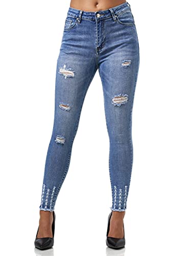 Elara Damen Jeans High Waist Destroyed Chunkyrayan MEL0275-4 LT.Blue-36 (S) von Elara