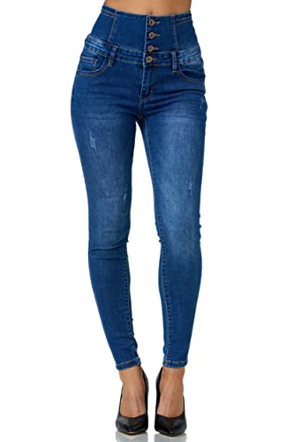 Elara Damen Jeans High Waist Push Up Skinny Fit Chunkyrayan 1166-4 Dk. Blue Denim-36 (S) von Elara