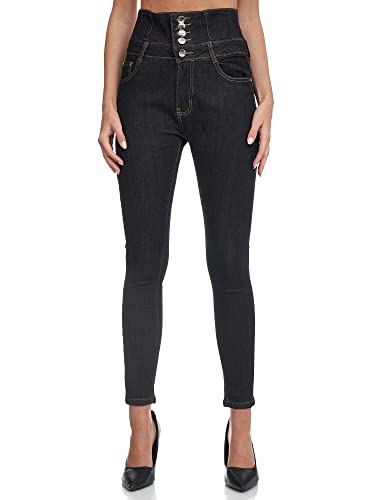 Elara Damen Jeans Stretch Skinny High Waist Chunkyrayan EL60-25 Washed Black-40 (L) P von Elara