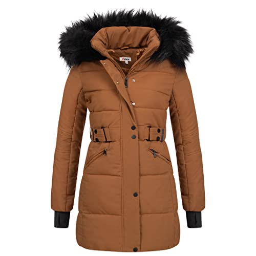 Elara Damen Parka Kunstfell Winter Hellbraun Chunkyrayan EL-JA02 Camel-38 (M) von Elara