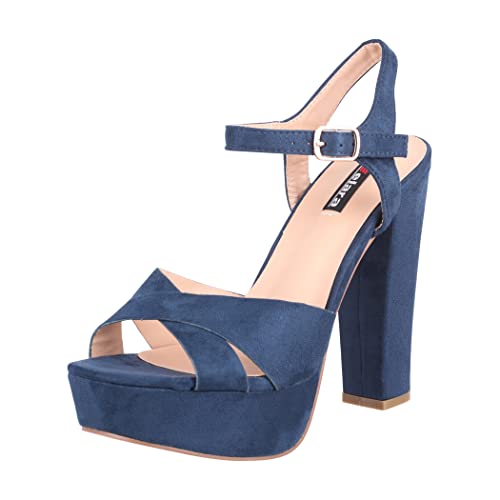 Elara Damen Pumps Bequeme Peep Toe Pumps Trendige Plateau High Heels Chunkyrayan R-21 Blue 40 von Elara