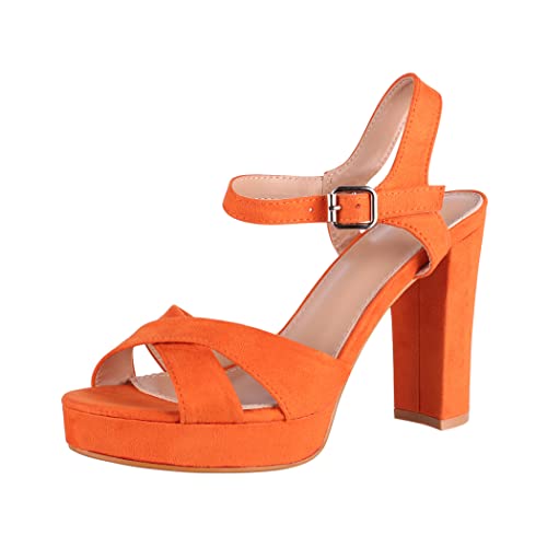 Elara Damen Pumps Peep Toe Trendige Plateau High Heels Chunkyrayan 7128-GL Orange-36 von Elara