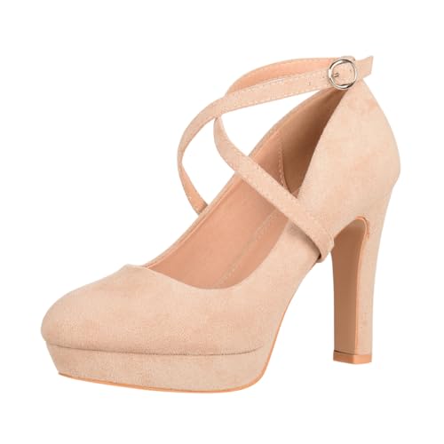 Elara Damen Pumps Riemchen High Heels Vintage Chunkyrayan ZZ536 Wildlederoptik Beige-37 von Elara