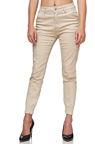 Elara Damen Slim Fit Hose Denim Cargo Chunkyrayan 753-3A Hellbeige 32 (XXS) von Elara