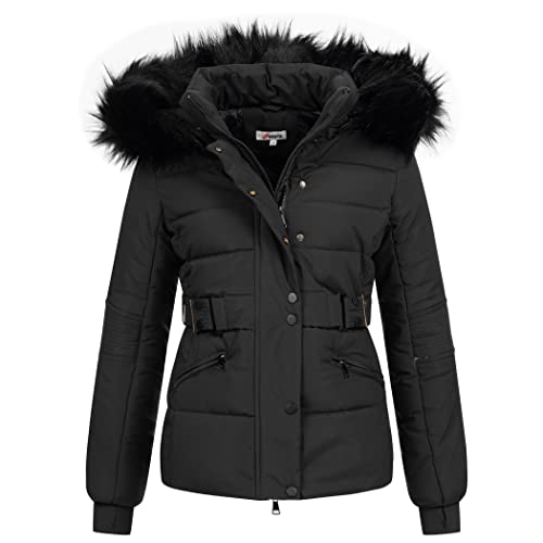 Elara Damen Steppjacke Parka Kurz Mantel Kunstfell schwarz Chunkyrayan EL-JA03 Black/Black-34 (XS) von Elara