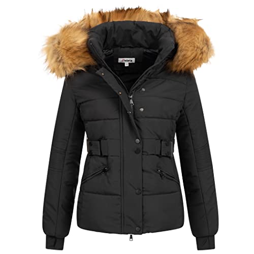 Elara Damen Steppjacke Parka Kurz Mantel Schwarz Chunkyrayan EL-JA03 Black/Natur-34 (XS) von Elara