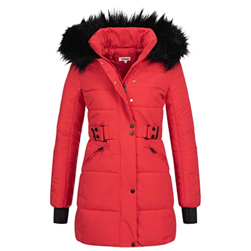 Elara Damen Steppjacke Winterjacke Kunstfellkragen Rot Chunkyrayan EL-JA02 Red-34 (XS) von Elara